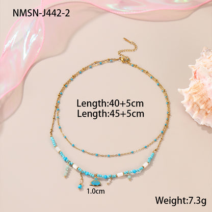 Collar de hilo de cuentas de colores, pendientes y pulsera de acero inoxidable