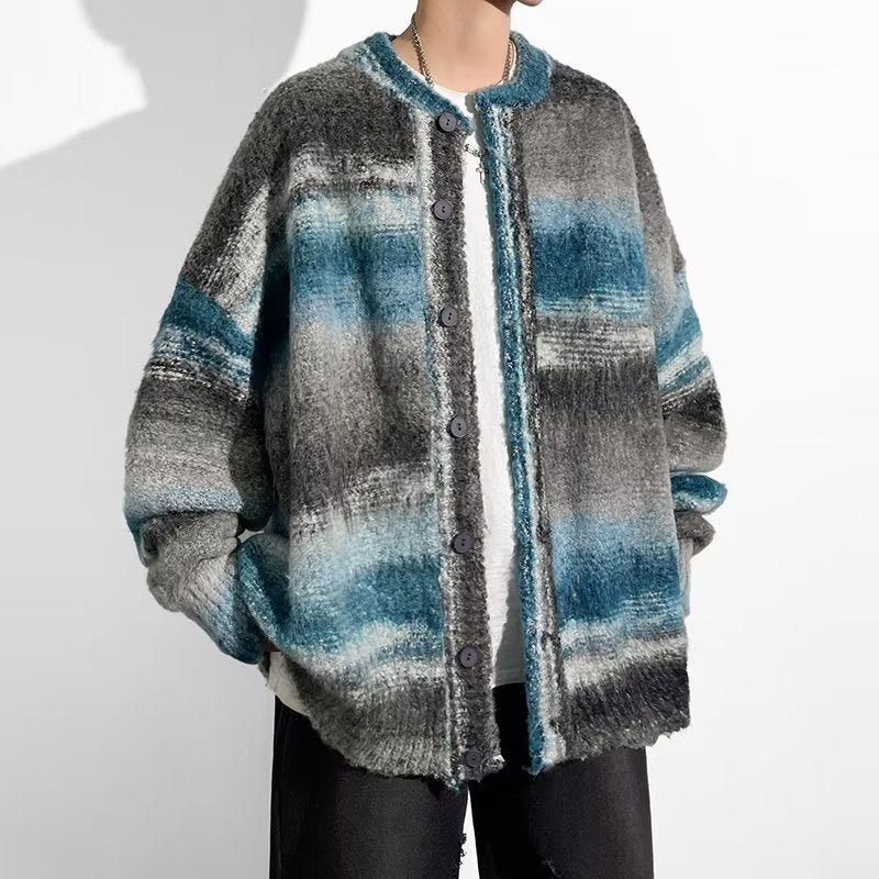 Contrast Color Sweater Hong Kong Style Trendy Baggy Coat Men's And Women's Fashion Casual Knitted Cardigan Top