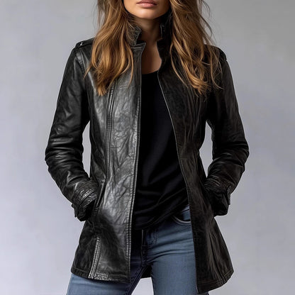 Chaqueta de cuero desgastada de manga larga con cuello alto para mujer