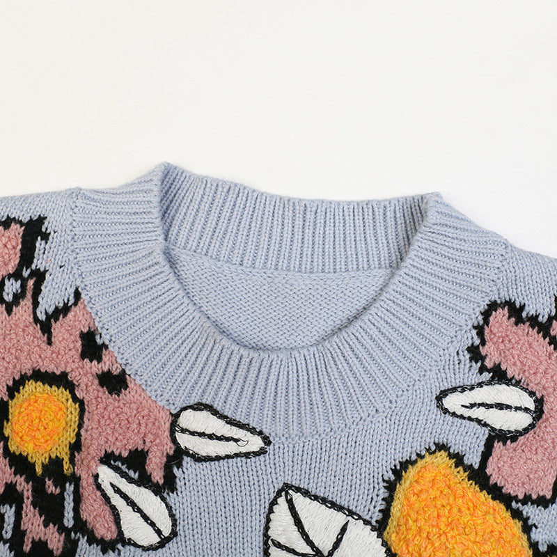 Knitted Women Floral Sweater Long Sleeve Knitwear Casual Loose Outwear Female Jacquard Tops