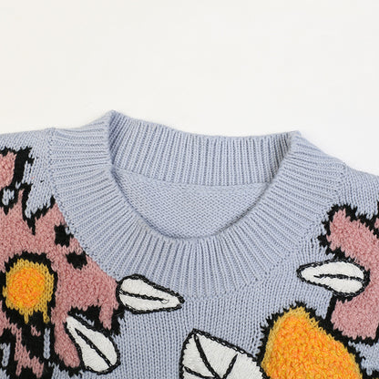 Suéter de punto floral para mujer, prenda de punto de manga larga, informal, holgada, tops de jacquard para mujer