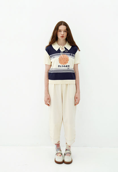 Damen-Pullover mit bestickten Keksen, lockerer Revers-Strick
