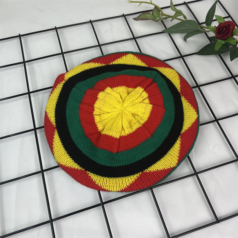 Hand Crocheted Wool Beret Jamaica Colorblock Knit