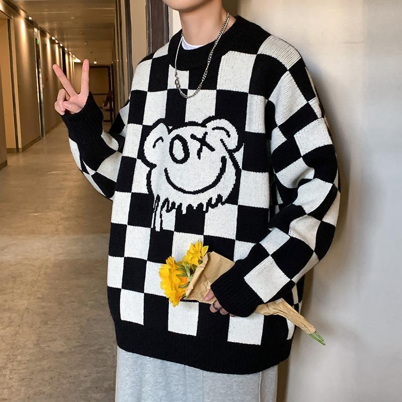 Autumn And Winter Loose Chessboard Round Neck Sweater Male