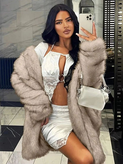 Abrigo de piel sintética con cuello de piel artificial para mujer, estilo europeo y americano, para otoño e invierno.