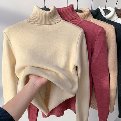 Suéter de invierno con cuello de tortuga para mujer, elegante, grueso y cálido, jersey de punto básico suelto para mujer
