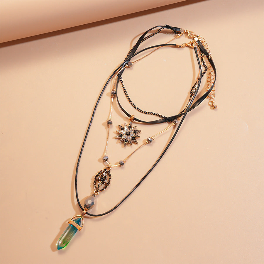 Two-piece European And American Diamond Leather Crystal Eight-pointed Stars Clavicle Chain