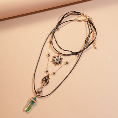 Cadena de clavícula de dos piezas con estrellas de ocho puntas de cristal y cuero de diamante europeo y americano