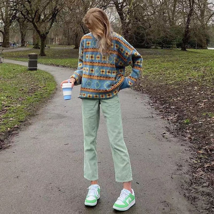 Suéter vintage de manga larga para mujer con rayas de punto