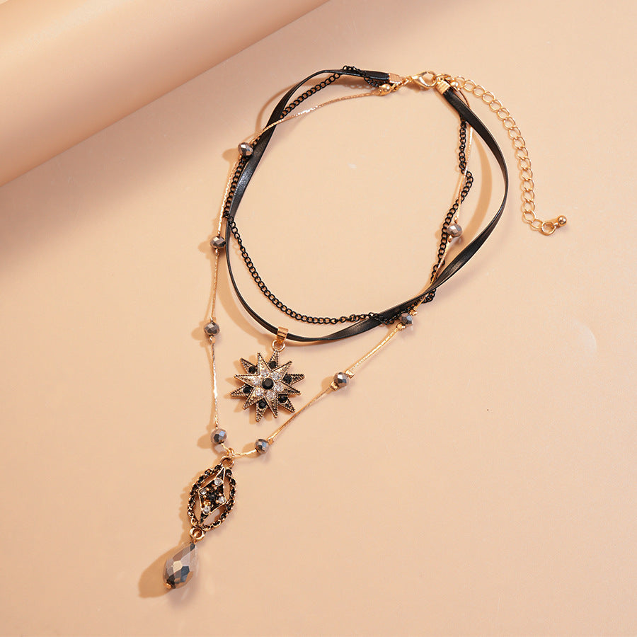 Two-piece European And American Diamond Leather Crystal Eight-pointed Stars Clavicle Chain