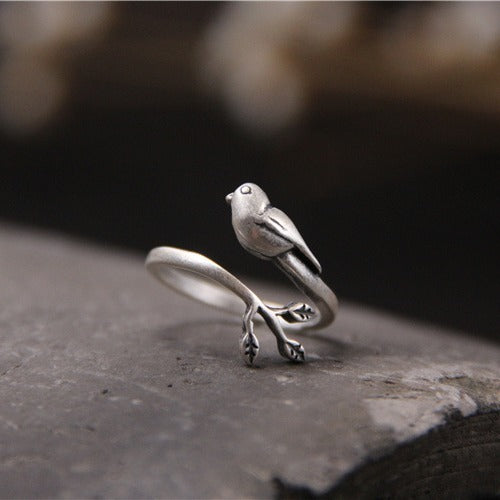 Artistic Vintage Thai Silver Bird Leaves S925 Sterling Silver Ring