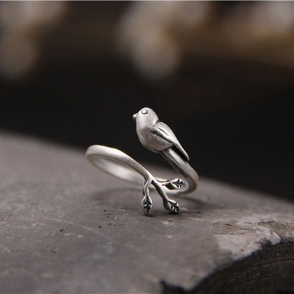 Anillo artístico vintage tailandés de plata de ley S925 con hojas de pájaro