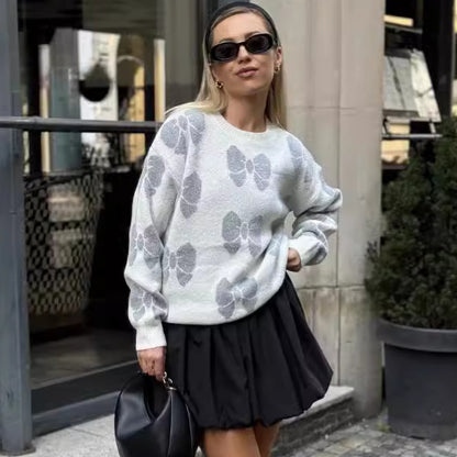 Lose Strickpullover mit Schmetterlings-Print und Rundhalsausschnitt