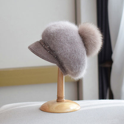 Gorro de piel de zorro para otoño e invierno, gorro de punto con visera de piel de conejo y cuentas para mujer