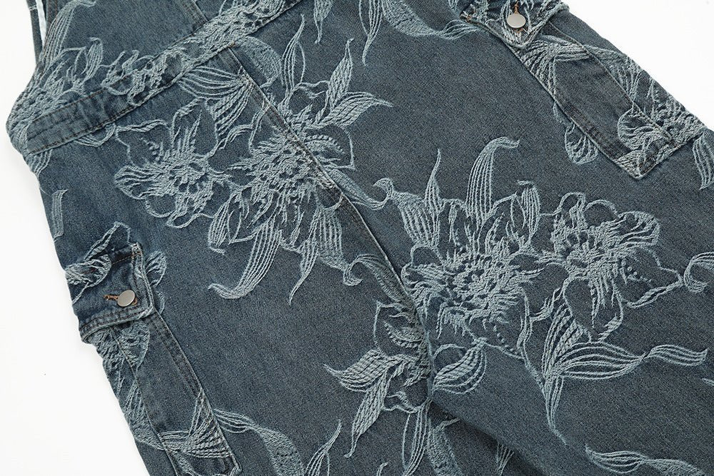Flower Jacquard Denim Suspender Pants Men - BAGMODA