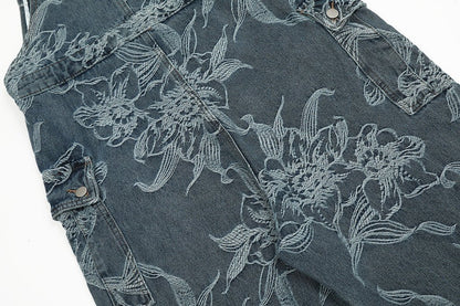 Flower Jacquard Denim Suspender Pants Men - BAGMODA