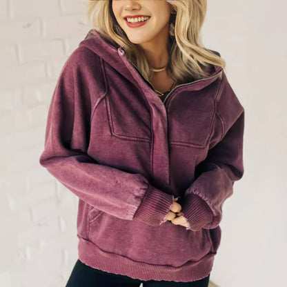 Sudadera con capucha y lavado con media cremallera para mujer
