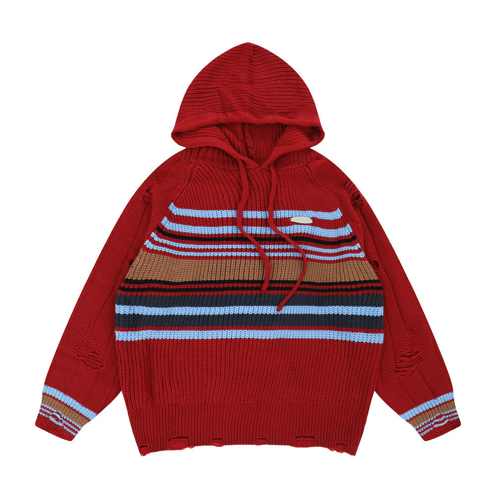 Contrast Color Striped Hooded Sweater Sweater Men
