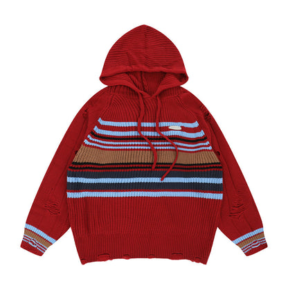 Contrast Color Striped Hooded Sweater Sweater Men