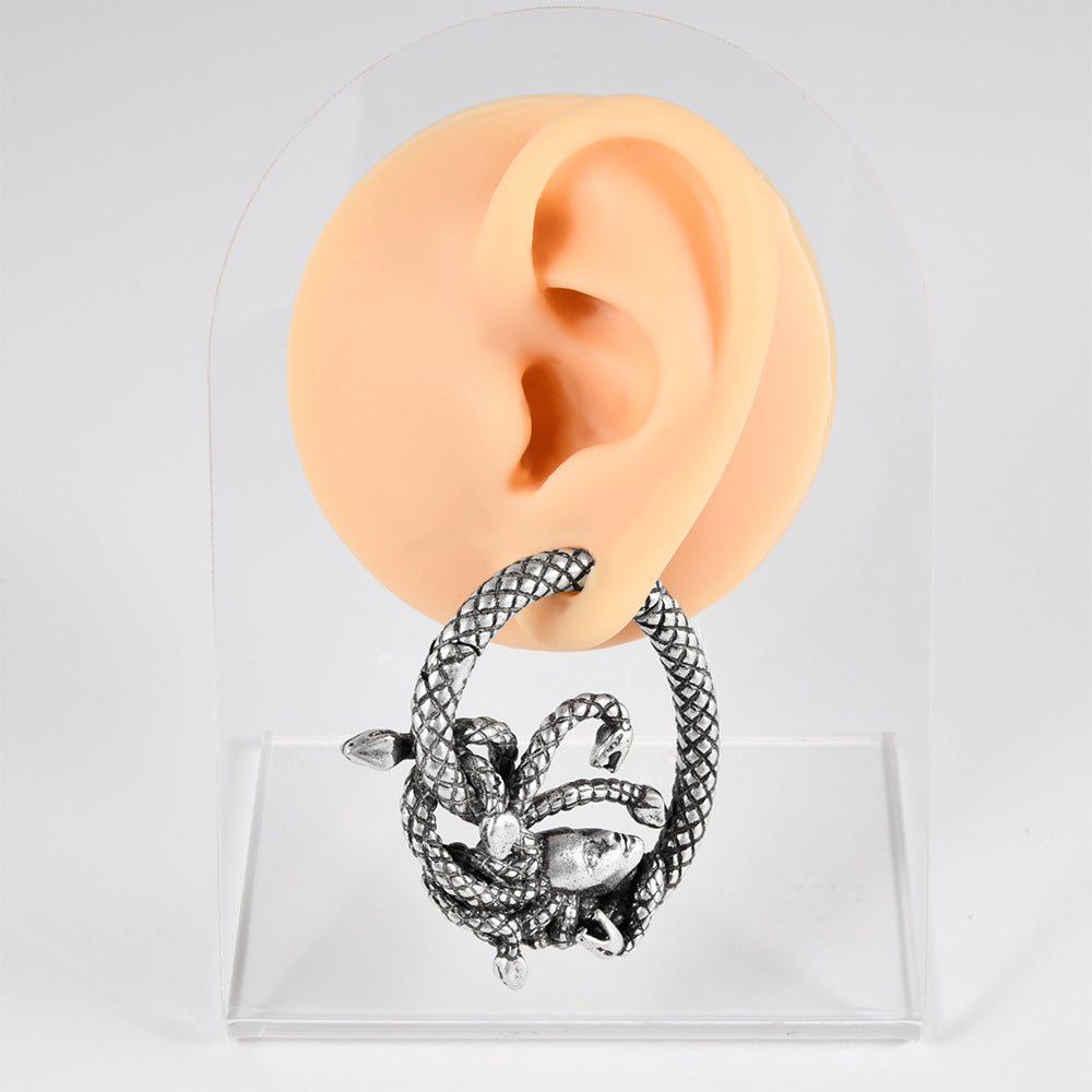Sharp Cone Round Magnet Earlobe Antique Silver Snake Head Coiled