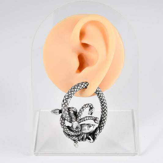 Sharp Cone Round Magnet Earlobe Antique Silver Snake Head Coiled
