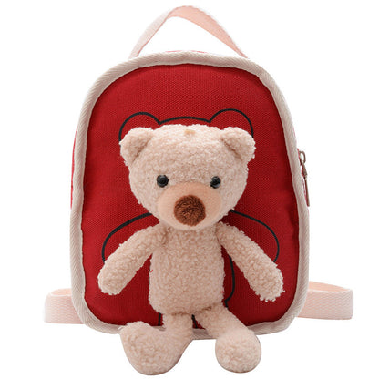 Niedlicher Mini-Kindergartenrucksack aus Segeltuch mit Bärenpuppe