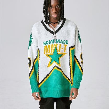 Retro Sweater Men's High Street Letters Embroidered
