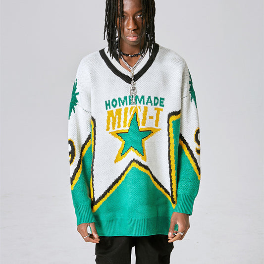 Retro Sweater Men's High Street Letters Embroidered
