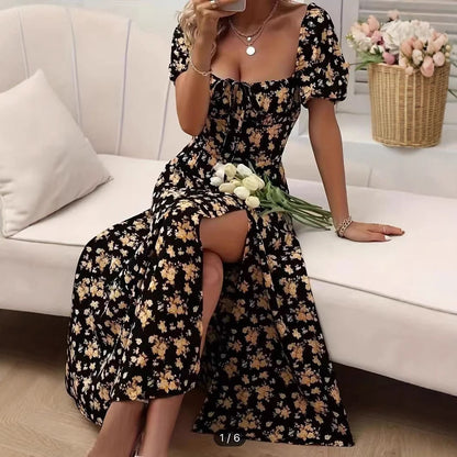 Vestido largo playero de manga corta con estampado floral y cordones para verano, ropa de mujer