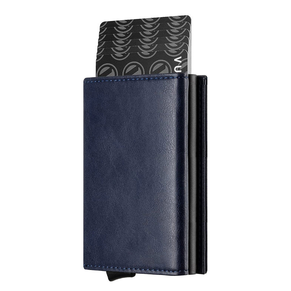 Oil Wax Leather Aluminum Alloy Automatic Pop-up Cassette Multi-function Large Capacity Metal Wallet