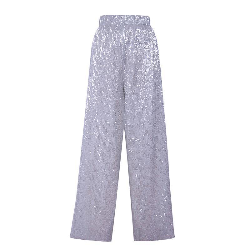 Silver White Sequins Drooping Wide Leg Pants Women