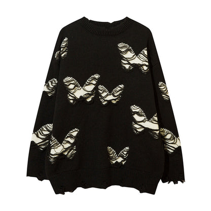 Butterfly Ripped Crochet Tassel Round Neck Knitted Sweater Tide