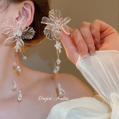 Pendientes colgantes de flores de tela con aguja de plata para mujer