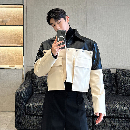 Autumn Large Pocket Color Contrast Patchwork Slim-fit Jacket
