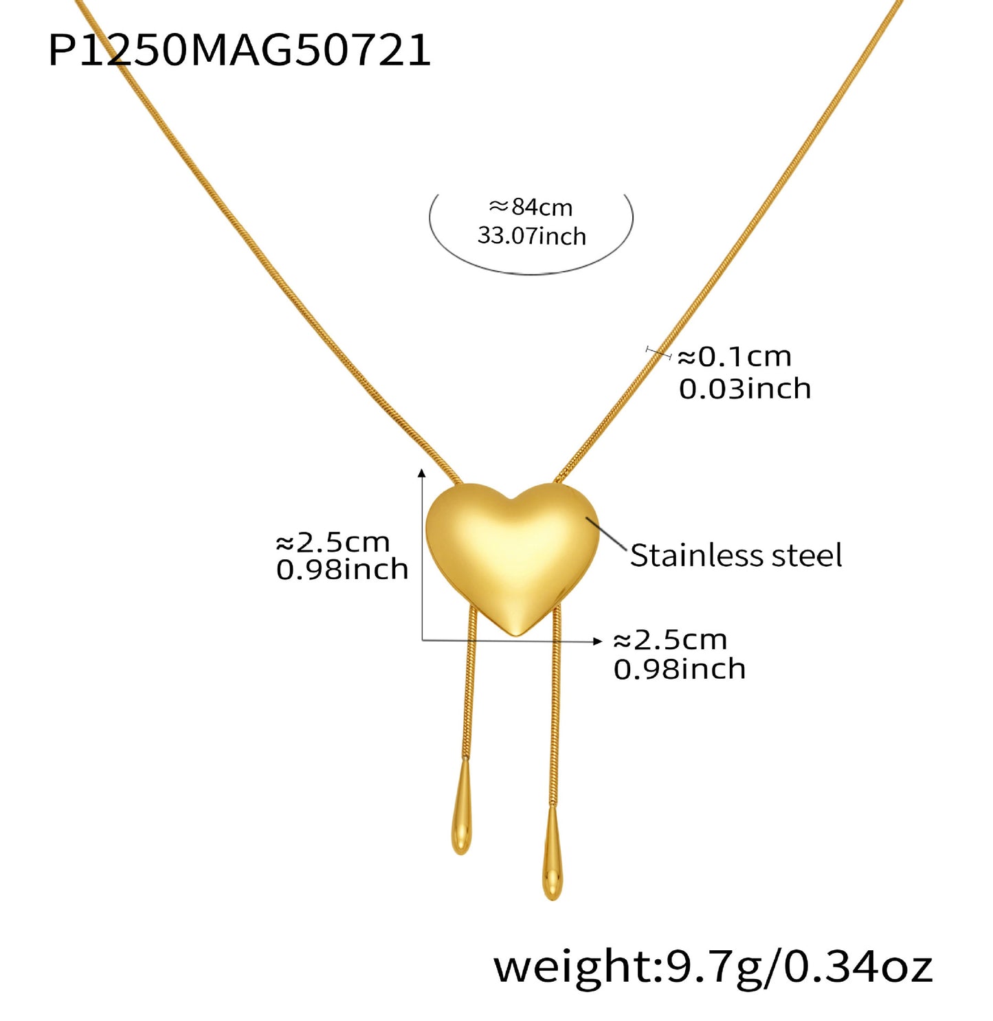 Stainless Steel Glossy Heart Pull-out Long Necklace