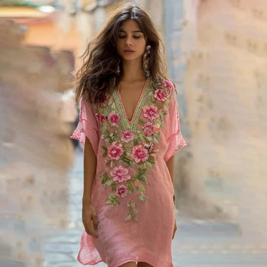 Bohemian Style Tie-dye Gradient V-neck Mini Dress