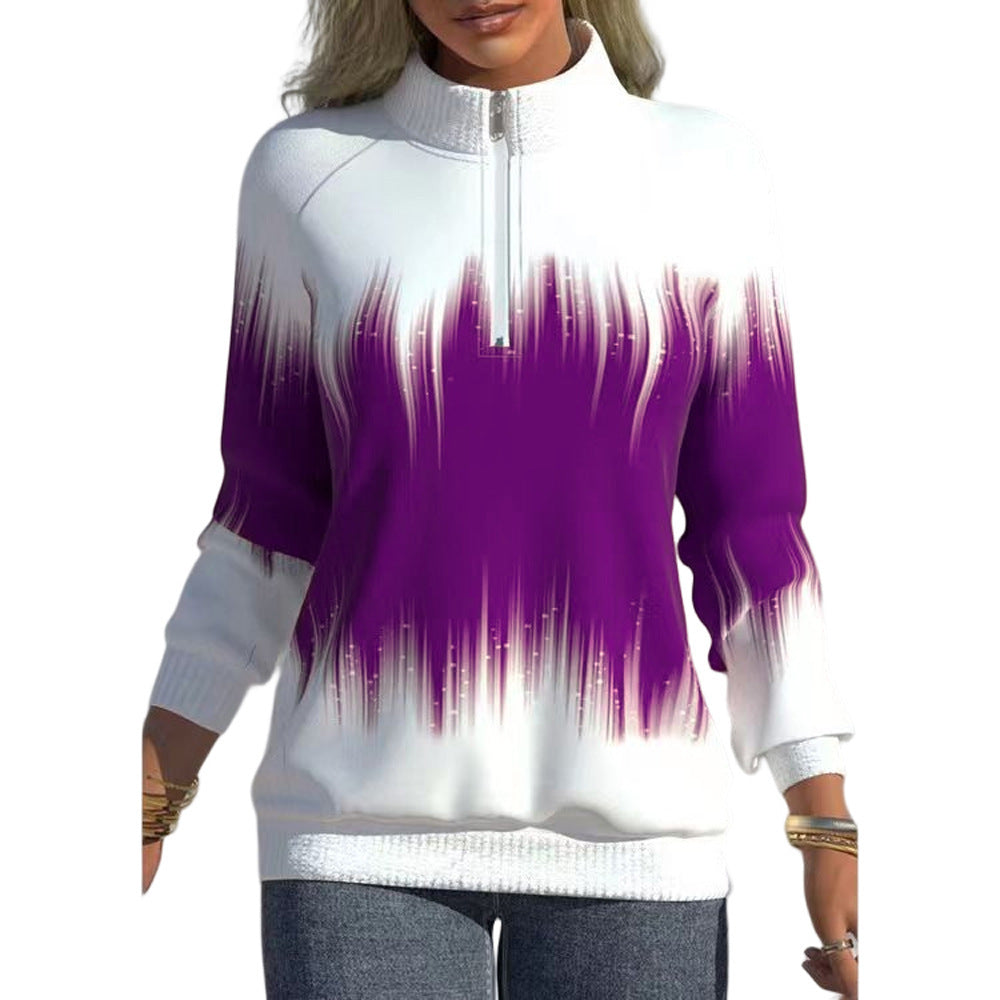 Gradient Color Print Neck Zipper Long Sleeve Winter Half-Turtleneck Sweatshirt