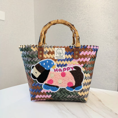 Bolso tejido vintage con diseño de perro salchicha a rayas