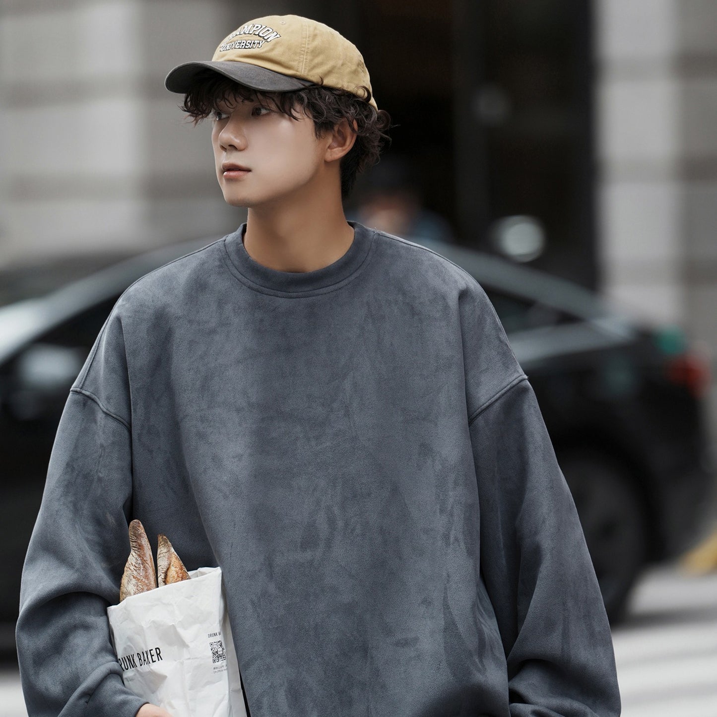 Suede Heavy Round Neck All-matching Sweater Men's Solid Color Loose