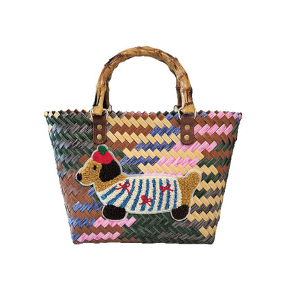 Bolso tejido vintage con diseño de perro salchicha a rayas