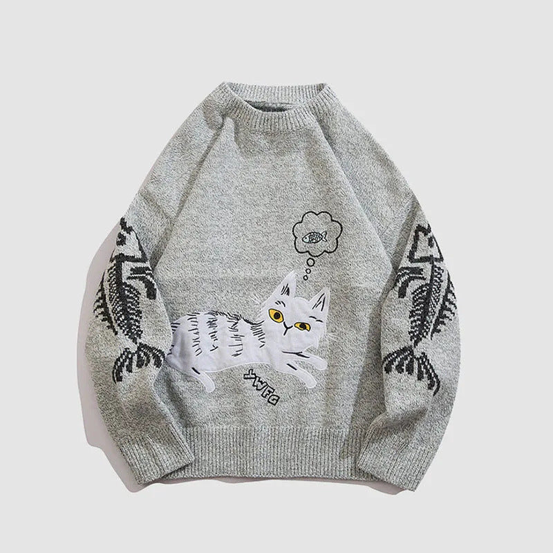 Cartoon Cat Couple Round Neck Long Sleeve Knitwear Sweater