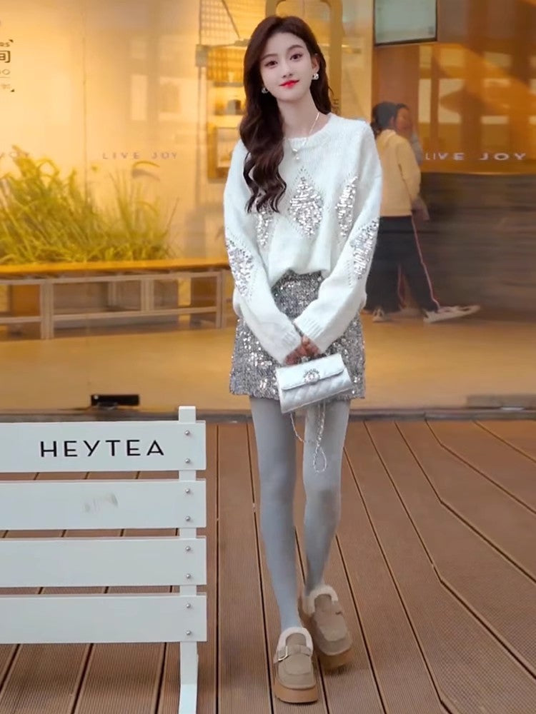 Heavy Embroidery Sequins Loose Sweater Idle Style Loose Outerwear Knitwear