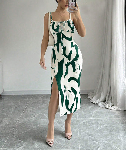 Vestido largo ajustado con cordones y estampado de verano para mujer
