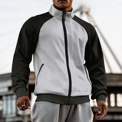 Chaqueta tipo cárdigan de cuello alto con cremallera y mangas raglán para hombre