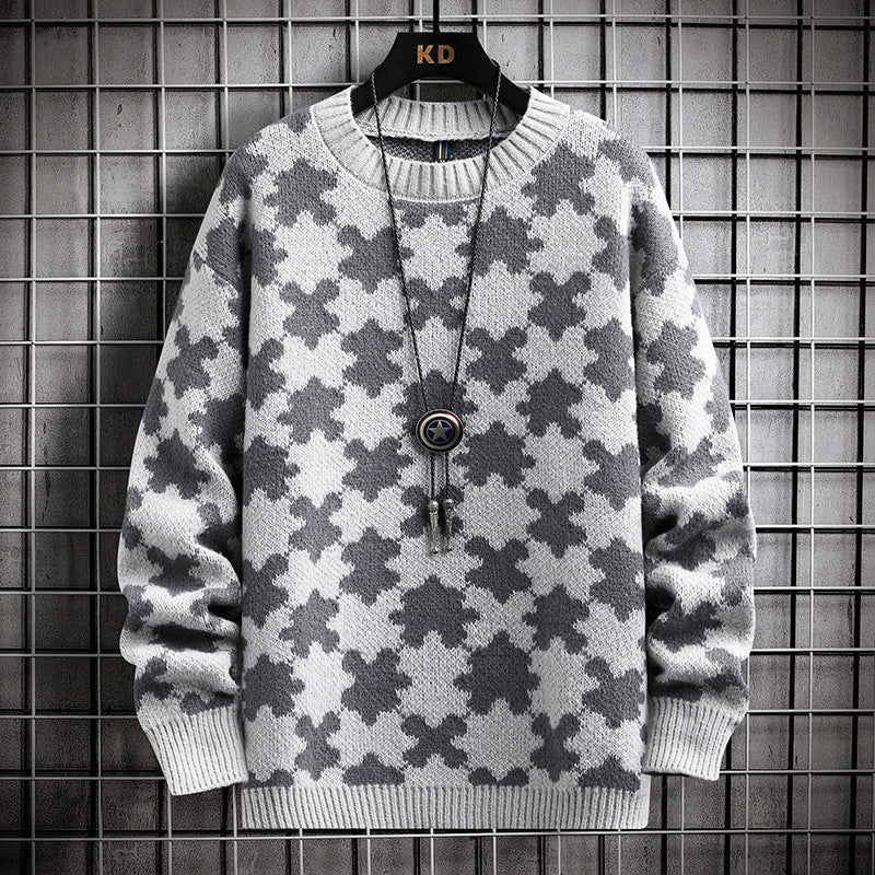 Puzzle Jacquard Half High Neck Men's Loose Casual Sweater