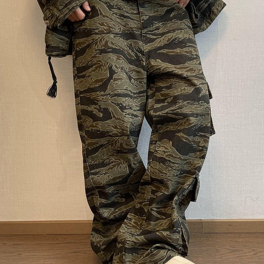 Loose Tiger Pattern Camouflage Pocket Overalls Men Straight - leg Pants - BAGMODA