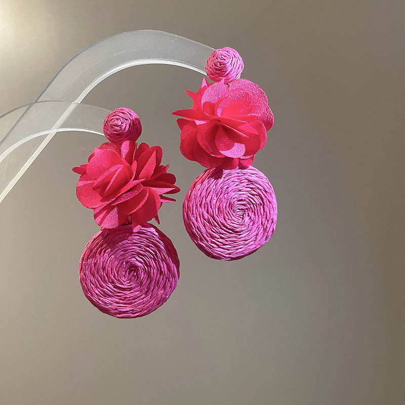 Silver Needle Fabric Flower Pendant Earrings For Women
