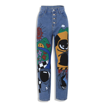 Damen Jeans mit Cartoon-Print, Haremshose, Hose für Damen
