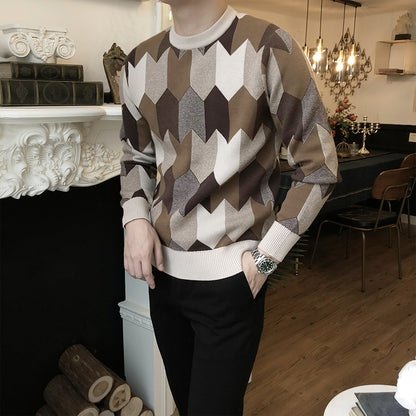Geometric Jacquard Sweater Men's Trendy Fashion Retro Knitted Sweater Top