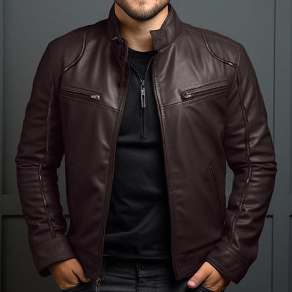 Chaqueta de cuero para motociclista con cuello alto para hombre